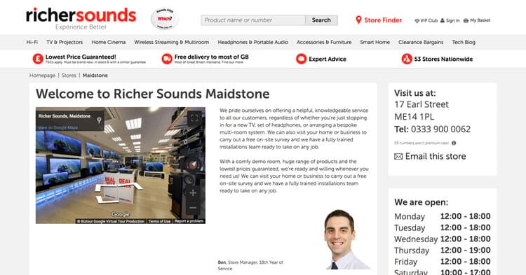 A Richer Sounds store page with the BizTour Google virtual tour embedded