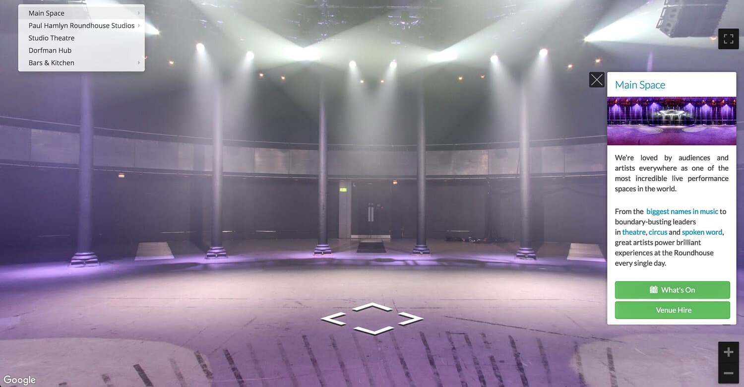 The Roundhouse's enhanced virtual tour, with navigation menu and venue-hire calls to action
